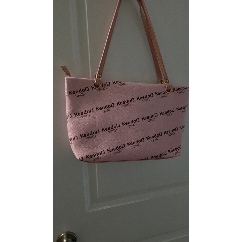 KeedolJ Pink Logo Print Faux Leather Tote Bag Gold Tone Hardware Zipper Closure